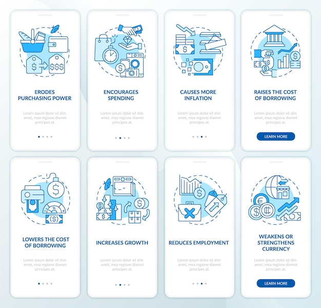 Inflation consequences blue onboarding mobile app screen set