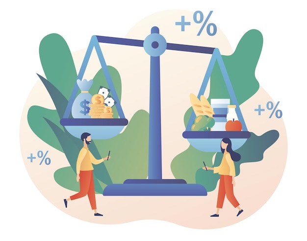 Inflation in economy. Rising food prices. Scales with food and money. Unstable prediction financial