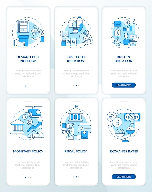 Inflation types and causes blue onboarding mobile app screen set