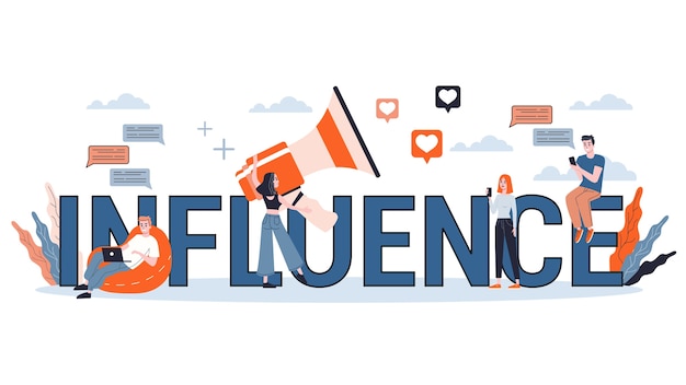 Banner di concetto di influenza. idea di pubblicità e follower nei social media. illustrazione