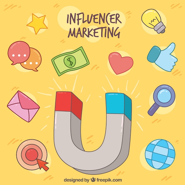 Influence marketing concept with magnet and symbols