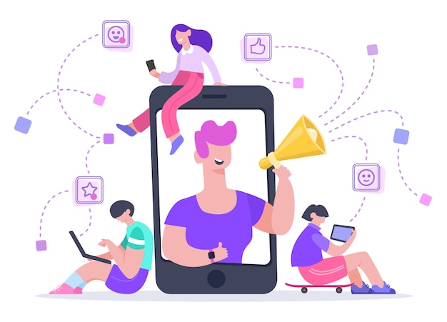 Vector influencer advertising marketing. social media promotion, phone screen influencer or blogger internet advertisement promotion  illustration. influence blogger, digital smm, web marketing online