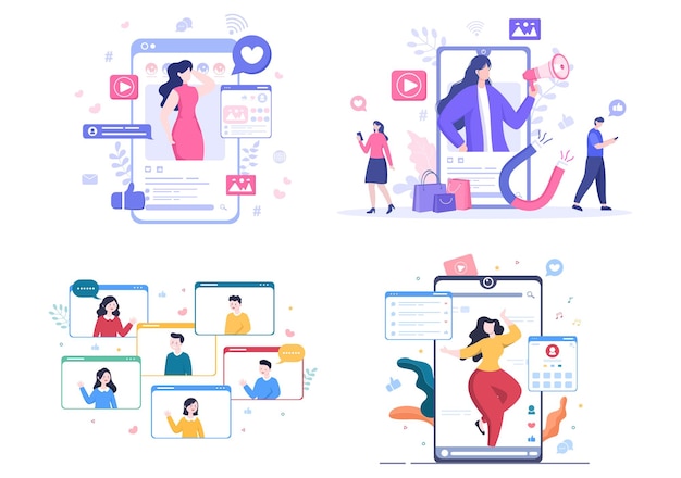 Influencer blogger content creator achtergrond van het delen van momenten op sociale netwerken of het maken van post naar poster vectorillustratie