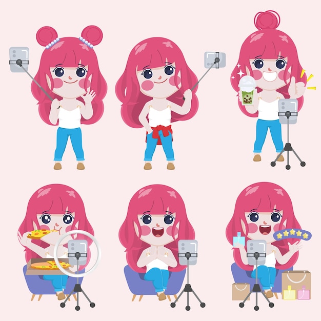 Influencer blogger social media cute cartoon character design vector set