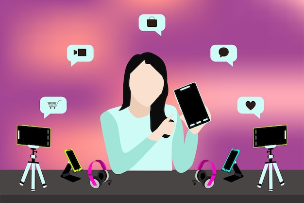 influencer character reviewing smart phone product