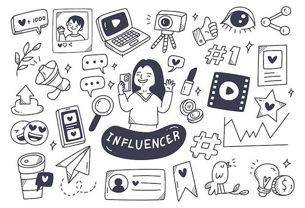 Influencer-gerelateerde dingen in doodle-stijl