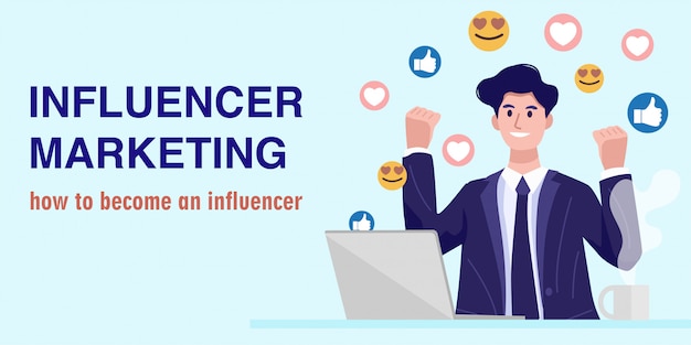 Influencer marketing concept, un giovane imprenditore che guarda un live streaming. vettore