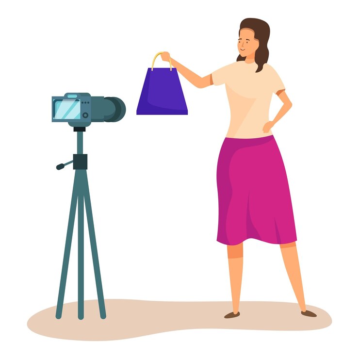 वेक्टर influencer showing shopping bag while recording video blog content