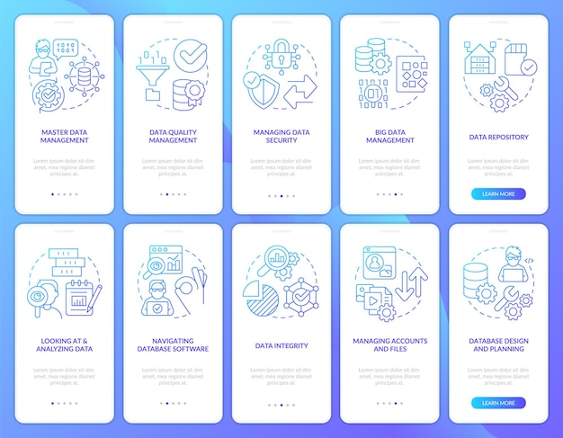 Info optimization process blue gradient onboarding mobile app screen set