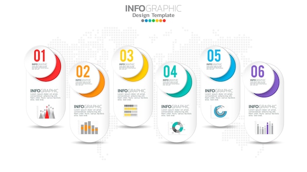 Infograph 6-stappenelement met nummer- en grafiekdiagram, bedrijfsgrafiekontwerp.