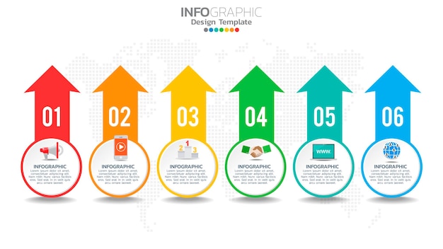 화살표, 차트 다이어그램, 비즈니스 마케팅 개념이있는 Infograph 6 단계 색상 요소