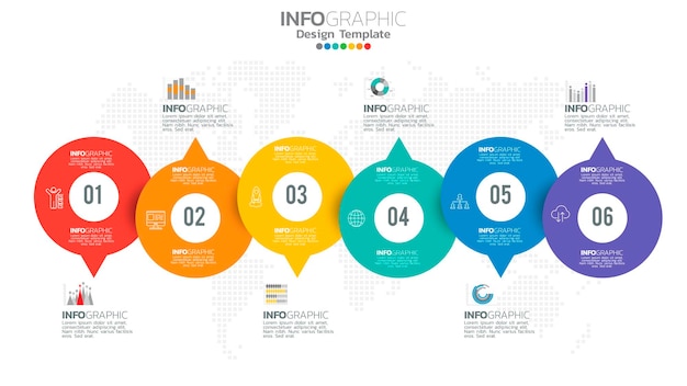 숫자 및 차트 다이어그램, 비즈니스 그래프 디자인이있는 Infograph 6 단계 요소.