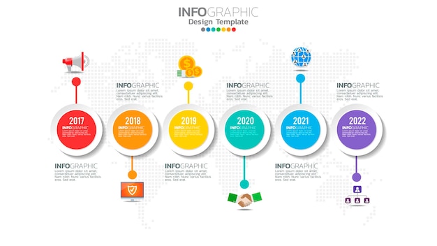 Elemento di colore di sei passaggi infograph con freccia, diagramma grafico, concetto di marketing online aziendale.