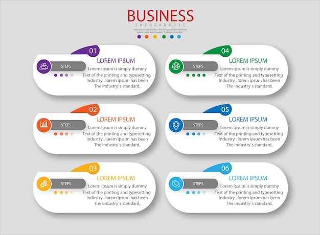 Инфографика 6 элементов шаг. диаграмма диаграммы коробки, дизайн бизнес-графика