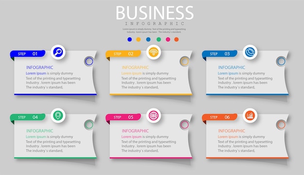 Infographic 6 elements step. box graph chart diagram, business graph design