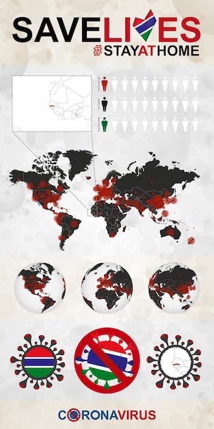 Vector infographic about coronavirus in gambia stay at home save lives gambia flag and map world map with covid19 cases