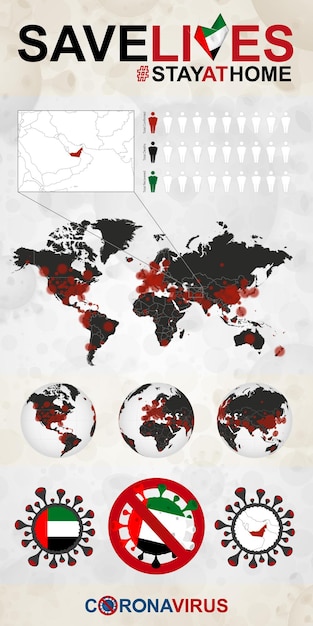 아랍 에미리트 연합의 코로나바이러스에 대한 인포그래픽 집에 머물면서 생명을 구하십시오 Uae 국기 및 지도