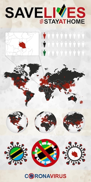 Vettore infografica sul coronavirus in tanzania resta a casa salva vite tanzania bandiera e mappa mappa del mondo con casi covid19