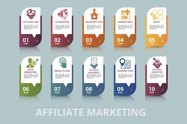 Infographic Affiliate Marketing sjabloon Pictogrammen in verschillende kleuren Inclusief Affiliate Link Attribution Authority Site Landing Page en anderen