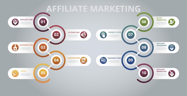 Infographic Affiliate Marketing sjabloon Pictogrammen in verschillende kleuren Inclusief Affiliate Link Attribution Authority Site Landing Page en anderen