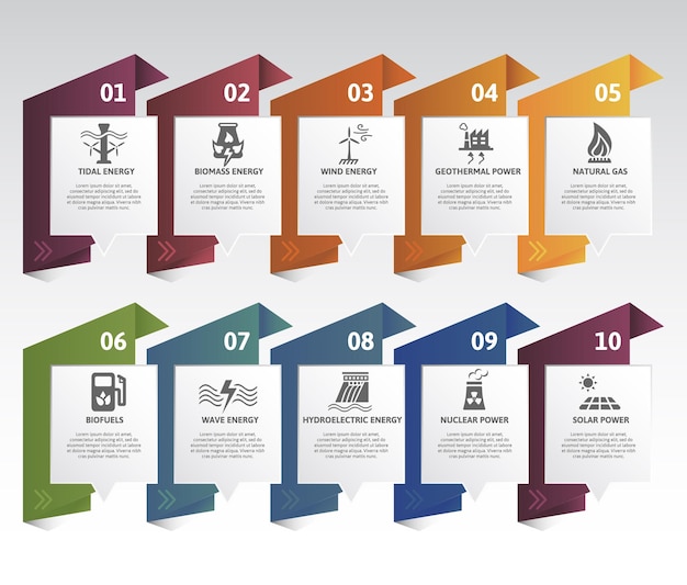 Infographic Alternative Energy template Icons in different colors Include Tidal Energy Biomass Energy Wind Energy Geothermal Power and others