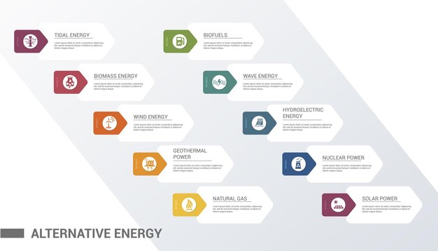 Infographic Alternative Energy template Icons in different colors Include Tidal Energy Biomass Energy Wind Energy Geothermal Power and others