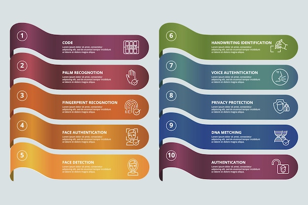infographic authentication template icons in different colors include code palm recognotion fingerprint recognotion face authentication and others