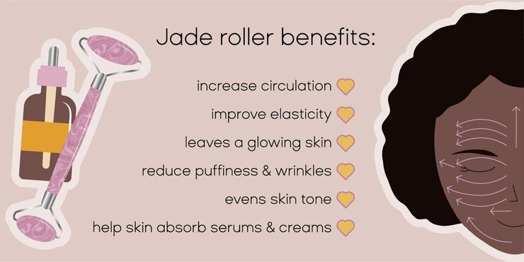 Vector infographic banner with jade roller facial young black girl brunette face with massage directions