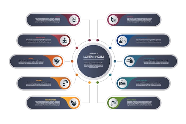 Vector infographic biohacking template icons in different colors include detox meditation drugs hydrate and