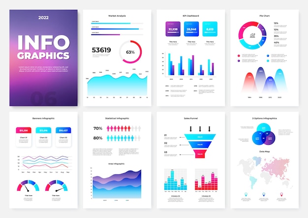 Modello di brochure infografica pagine a4 con diagrammi grafici ed elementi del flusso di lavoro dashboard kpi illustrazione vettoriale per report statistico