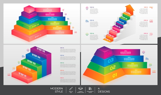 3d 스타일과 프레 젠 테이 션 목적, 비즈니스 및 마케팅에 대 한 다채로운 개념 Infographic 번들 설정합니다.