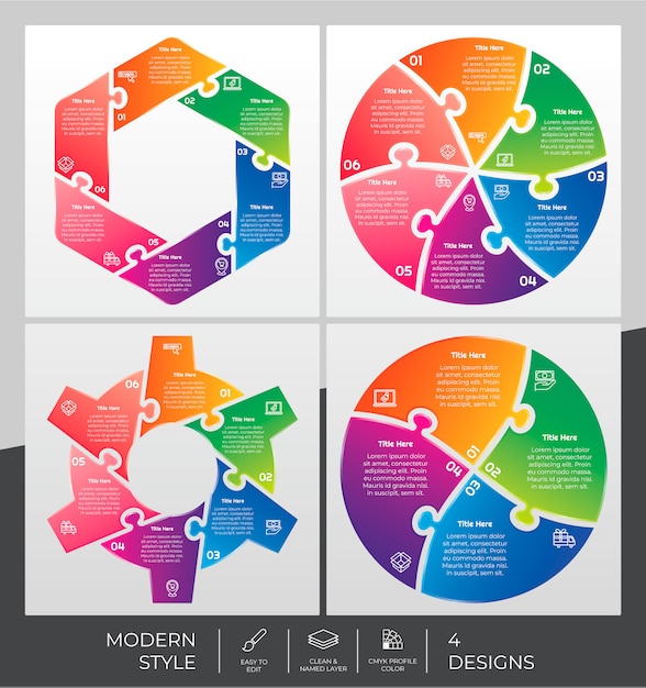 Vettore il pacco di infographic ha messo con il concetto moderno di puzzle e di stile a scopo di presentazione, affare e vendita.