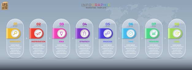 Infographic Business colorful template vector design Round icons 8 options or steps in glass transparency style You can used for Marketing process workflow presentations layout flow chart print ad