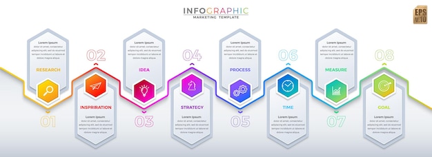 インフォ グラフィック ビジネス デザイン六角形アイコン 8 オプション分離カラフルな垂直バナー テンプレート ベクトル マーケティング プロセス ワークフロー プレゼンテーション レイアウト フロー チャート開発計画に使用できます。