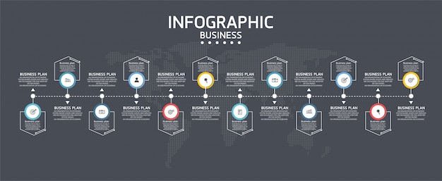 I diagrammi educativi e di business infografici seguono i passaggi utilizzati per presentare la presentazione insieme allo studio.