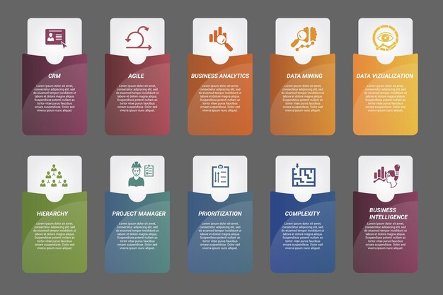 Vector infographic business intelligence-sjabloonpictogrammen in verschillende kleuren omvatten crm agile business