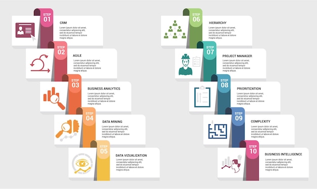 Infographic Business Intelligence template Icons in different colors Include Crm Agile Business Analytics Data Mining and others