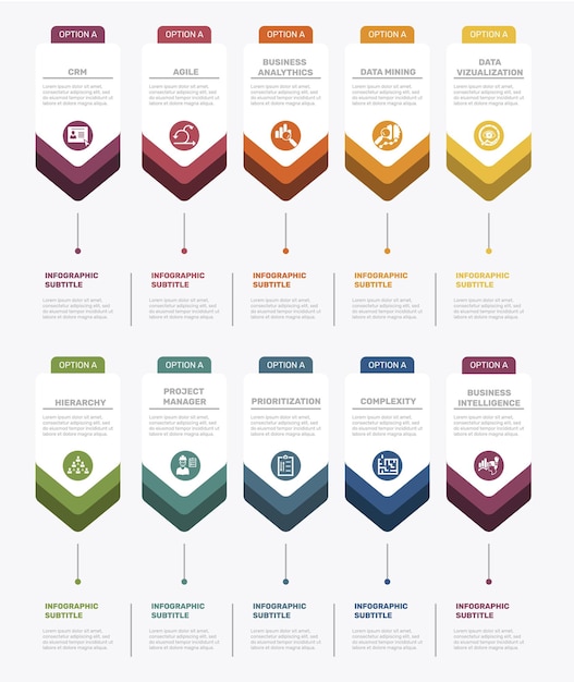 Infographic business intelligence template icons in different colors include crm agile business analytics data mining and others