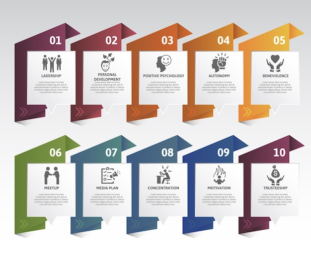 Infographic Business Management sjabloon Pictogrammen in verschillende kleuren omvatten leiderschap persoonlijke ontwikkeling positieve psychologie autonomie en anderen