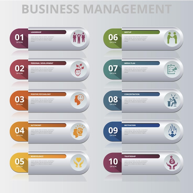 Infographic Business Management sjabloon Pictogrammen in verschillende kleuren omvatten leiderschap persoonlijke ontwikkeling positieve psychologie autonomie en anderen