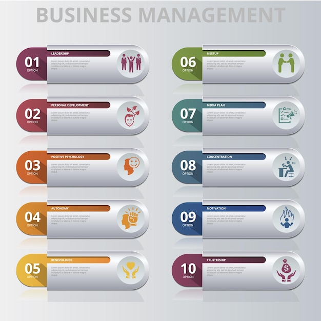 Инфографический шаблон управления бизнесом. Иконки разных цветов. Включают лидерство, личное развитие, позитивную психологию, автономию и другие.