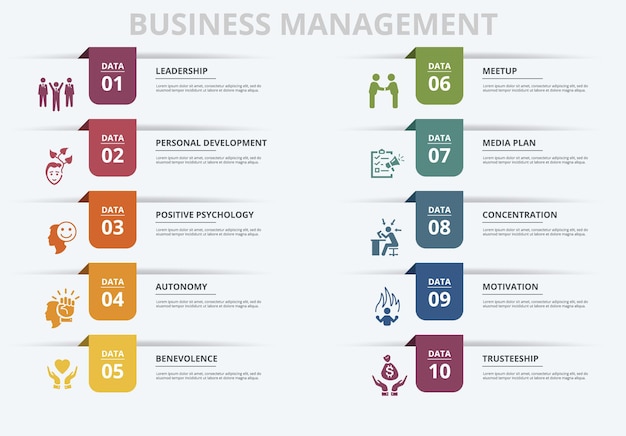 インフォ グラフィック ビジネス管理テンプレート アイコンには、さまざまな色が含まれます リーダーシップ 個人開発 肯定的な心理学 自律性など