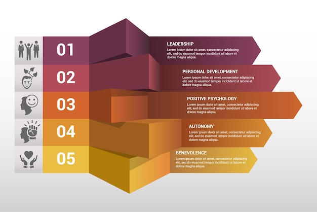 Infographic business management template icons in different colors include leadership personal
