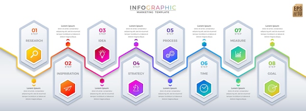 Infographic 비즈니스 마케팅 디자인 육각형 아이콘 다채로운 템플릿 벡터 8 옵션 또는 최소 스타일의 단계 마케팅 프로세스 워크플로 프레젠테이션 레이아웃 순서도에 사용할 수 있습니다.