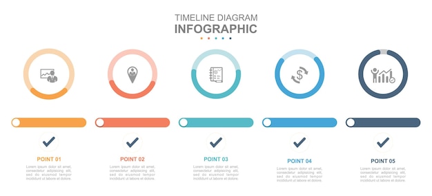 벡터 인포그래픽 비즈니스 템플릿입니다. 백분율 원형 차트가 있는 5단계 최신 타임라인 다이어그램. 개념 사전