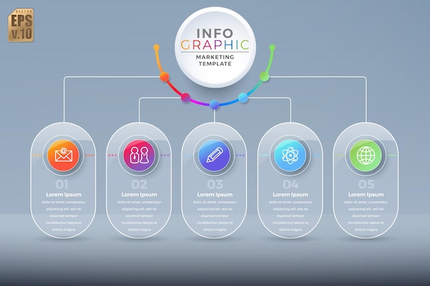 Infographic business template colorful vector design round icons 5 options or steps in glass transparency style you can used for marketing process workflow presentations layout flow chart print ad