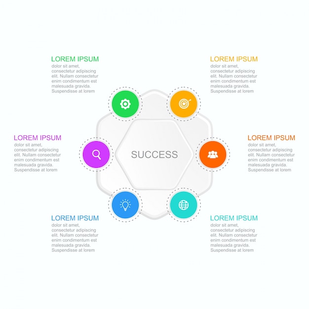 Modello di business infografica con sei fasi