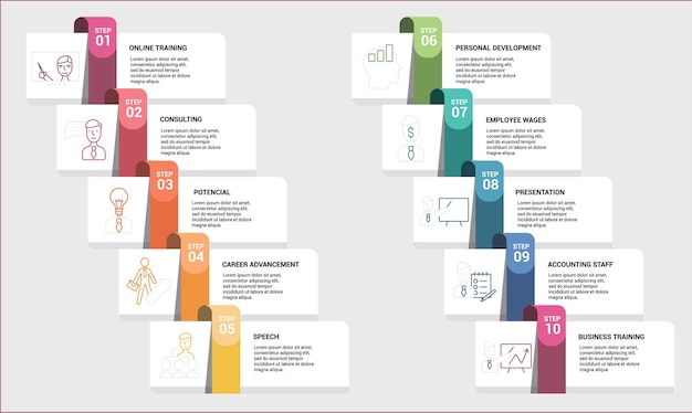 다양한 색상의 인포그래픽 비즈니스 교육 템플릿 아이콘에는 온라인 교육 컨설팅 잠재적 경력 발전 등이 포함됩니다.