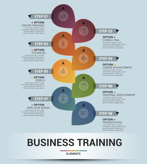 Icone del modello di formazione aziendale infografica in diverse