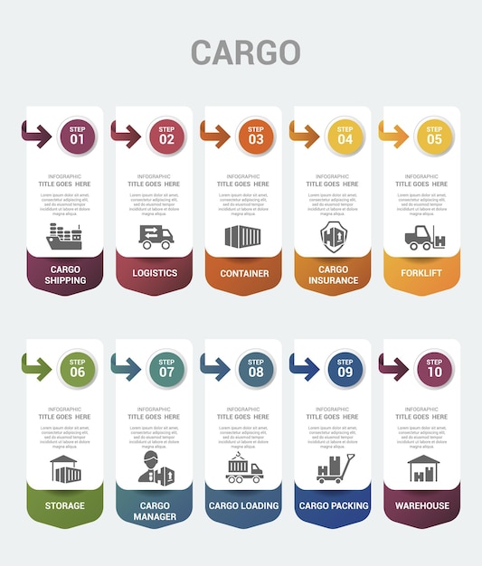 Vector infographic cargo template icons in different colors include cargo shipping logistics container